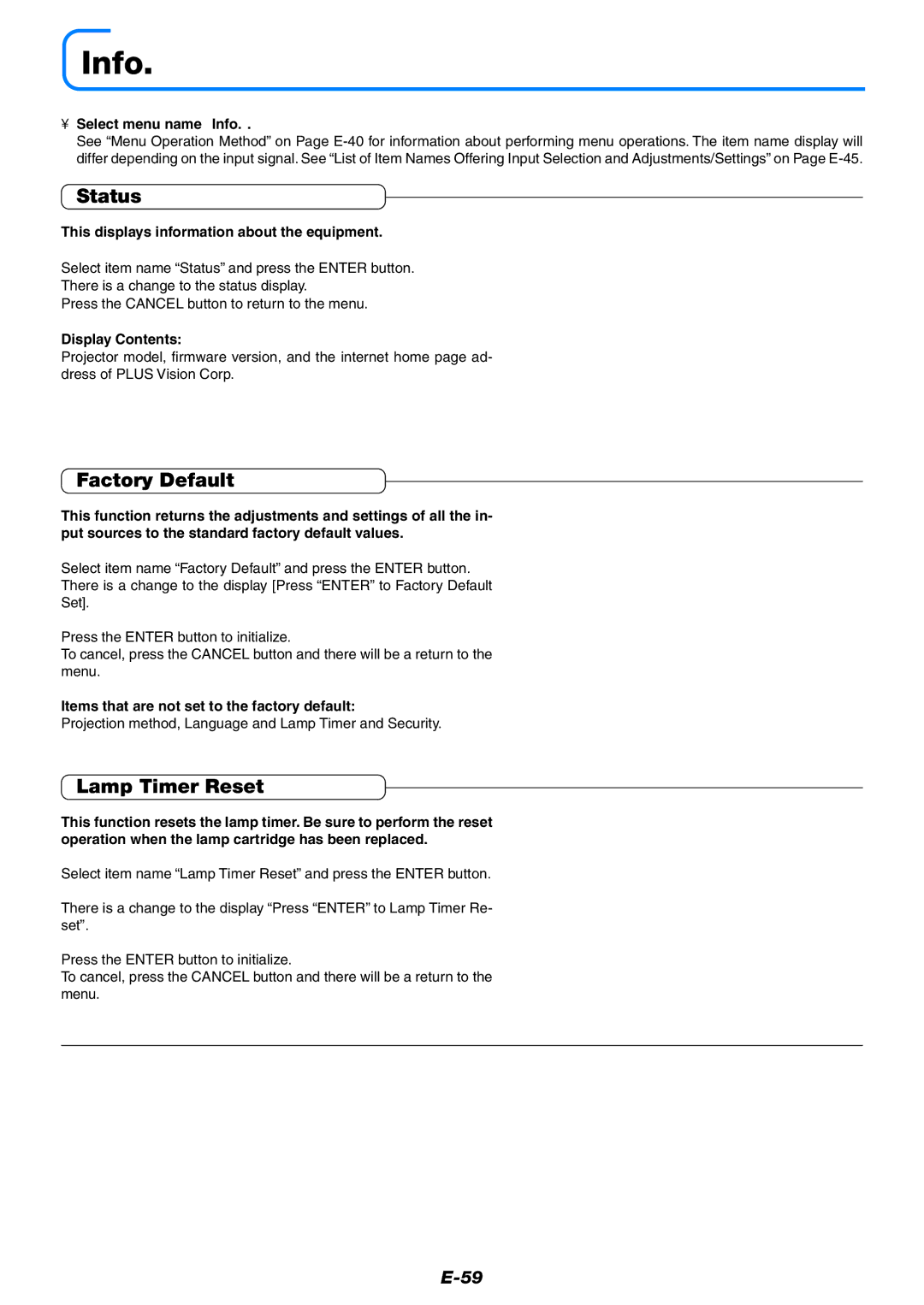 PLUS Vision U5-632h user manual Info, Status, Factory Default, Lamp Timer Reset 