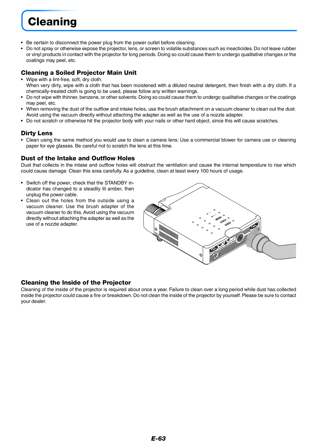 PLUS Vision U5-632h user manual Cleaning a Soiled Projector Main Unit, Dirty Lens, Dust of the Intake and Outflow Holes 