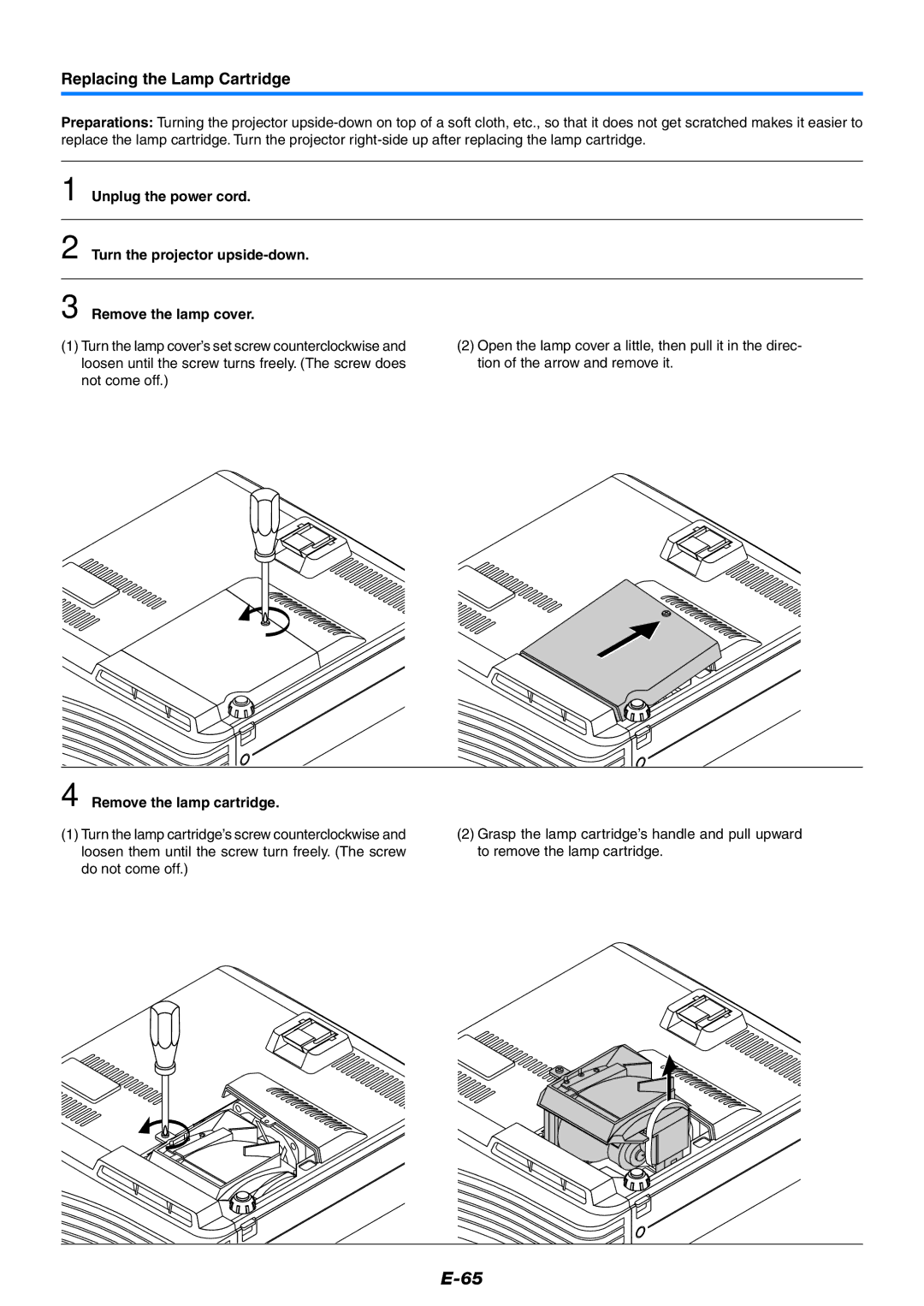 PLUS Vision U5-632h user manual Replacing the Lamp Cartridge, Remove the lamp cartridge 