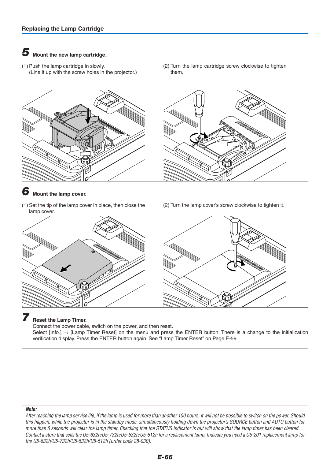 PLUS Vision U5-632h user manual Mount the new lamp cartridge, Mount the lamp cover, Reset the Lamp Timer 