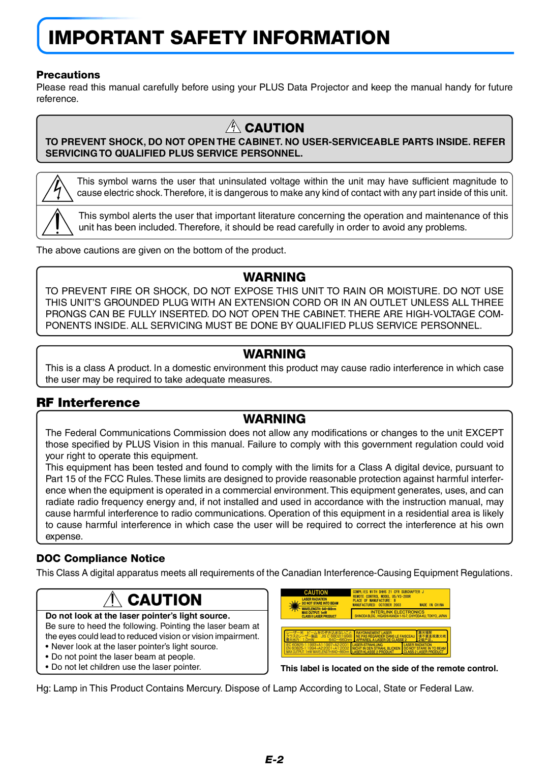 PLUS Vision U5-732 user manual Precautions, DOC Compliance Notice, Do not look at the laser pointer’s light source 