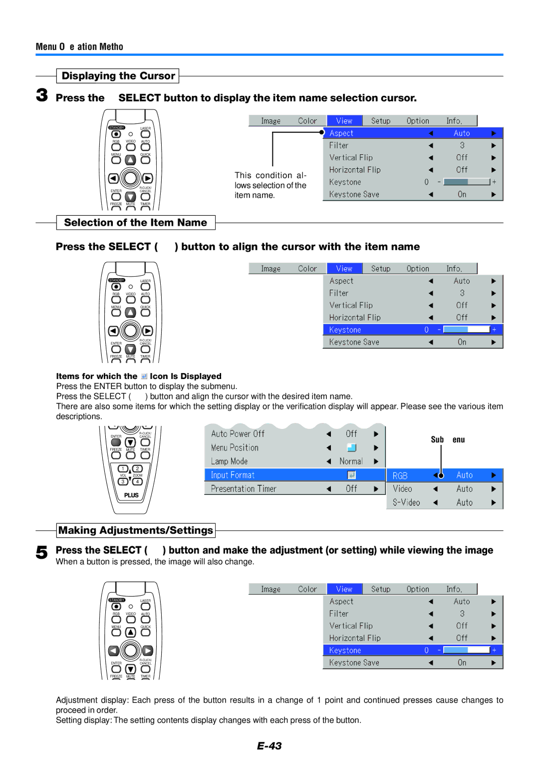 PLUS Vision U5-732 user manual Making Adjustments/Settings, This condition al- lows selection of the item name, Sub menu 