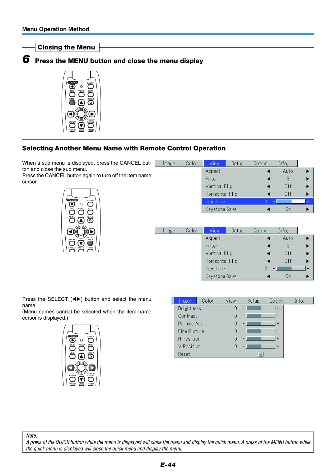 PLUS Vision U5-732 user manual Selecting Another Menu Name with Remote Control Operation 