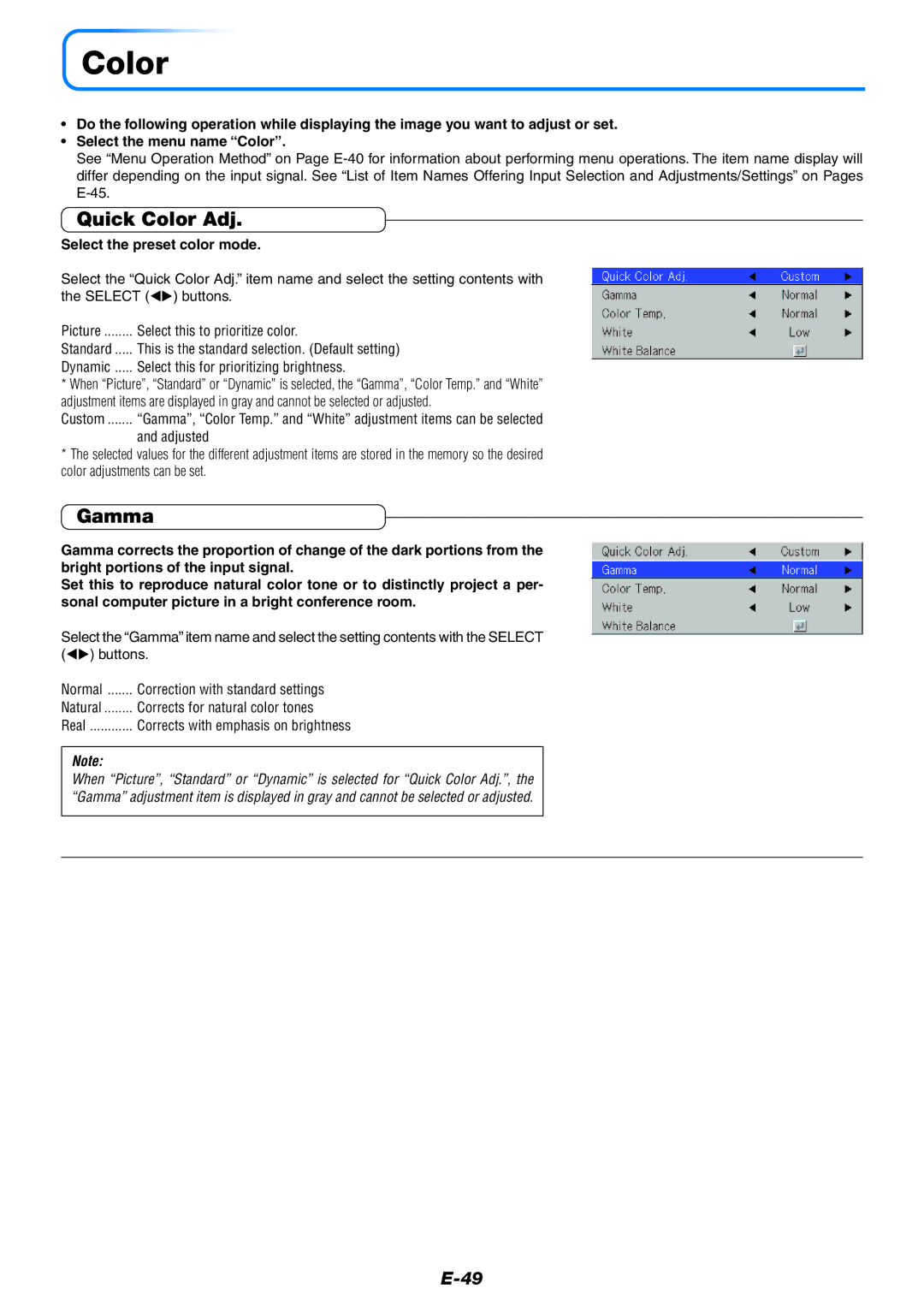 PLUS Vision U5-732 user manual Quick Color Adj, Gamma, Select the preset color mode 