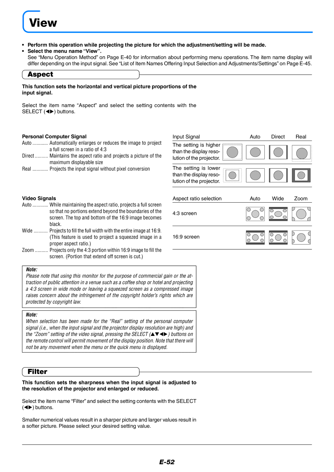 PLUS Vision U5-732 user manual View, Aspect, Filter, Personal Computer Signal, Video Signals 