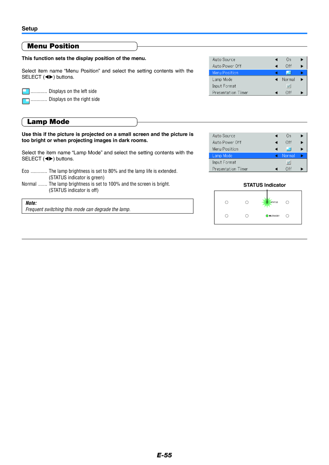 PLUS Vision U5-732 Menu Position, Lamp Mode, Setup, This function sets the display position of the menu, Status Indicator 