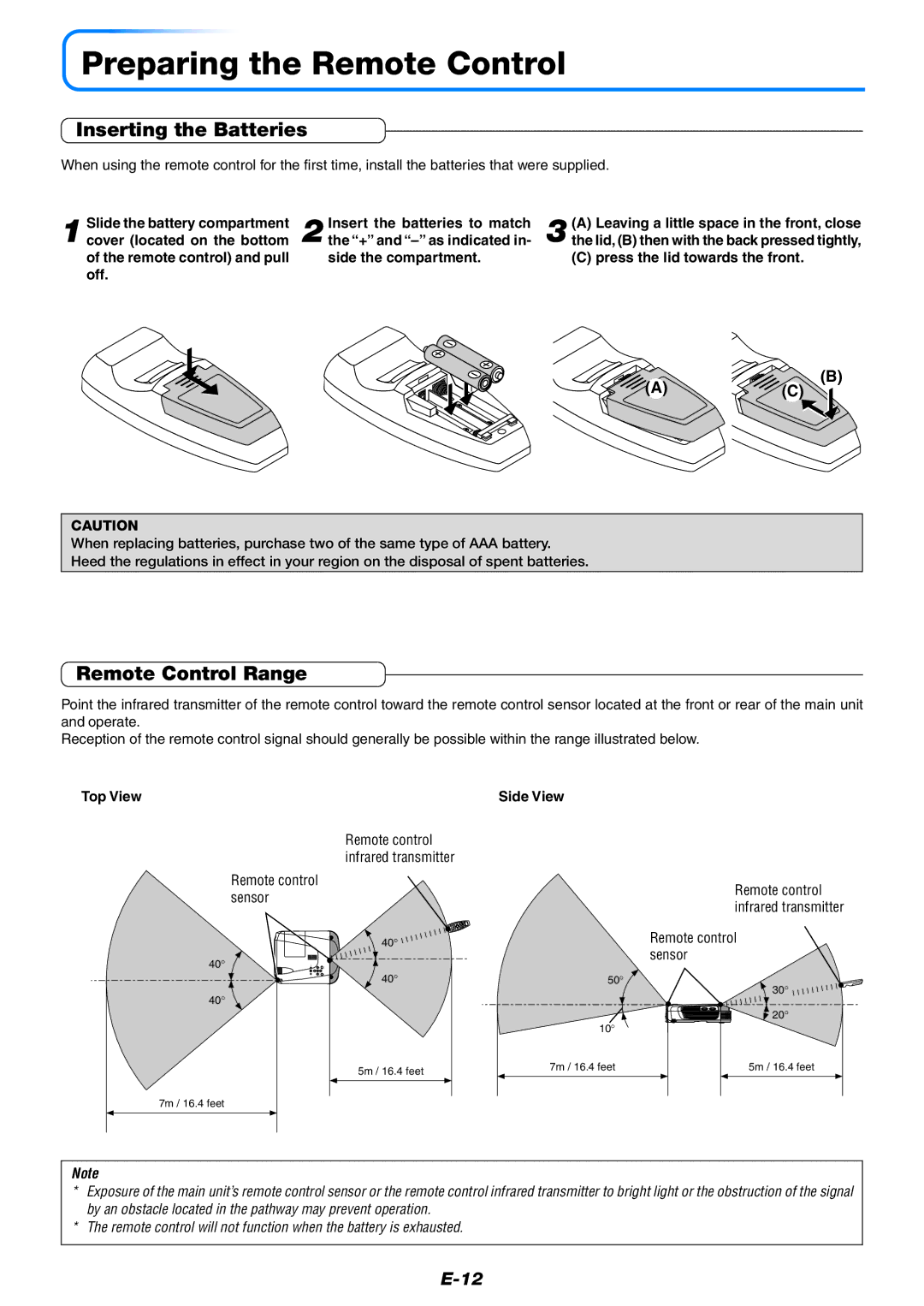 PLUS Vision U7-132HSF, U7-132SF, U7-137SF Preparing the Remote Control, Inserting the Batteries, Remote Control Range 