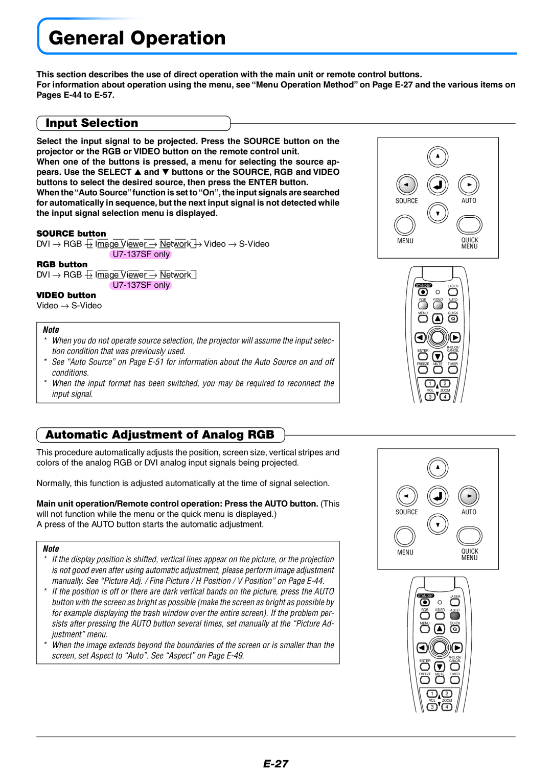 PLUS Vision U7-132HSF, U7-132SF, U7-137SF user manual General Operation, Input Selection, Automatic Adjustment of Analog RGB 