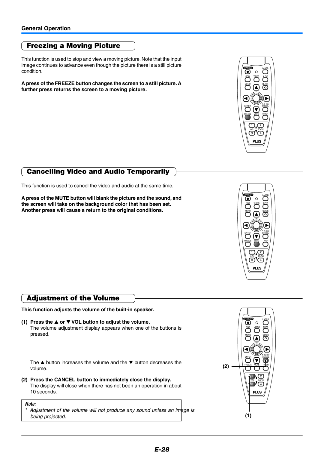 PLUS Vision U7-132SF, U7-137SF Freezing a Moving Picture, Cancelling Video and Audio Temporarily, Adjustment of the Volume 