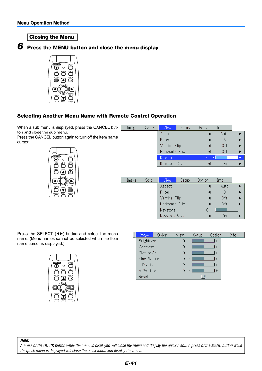 PLUS Vision U7-137SF, U7-132HSF, U7-132SF user manual Selecting Another Menu Name with Remote Control Operation 