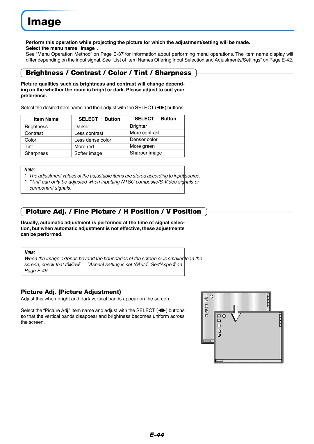 PLUS Vision U7-137SF, U7-132HSF Image, Brightness / Contrast / Color / Tint / Sharpness, Picture Adj. Picture Adjustment 