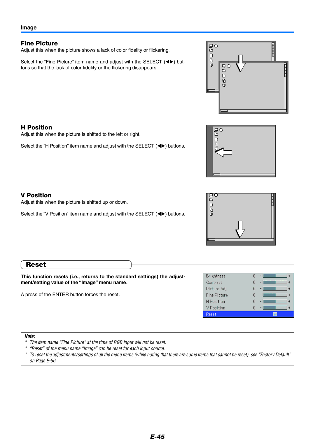 PLUS Vision U7-132HSF, U7-132SF, U7-137SF user manual Reset, Fine Picture, Position, Image 