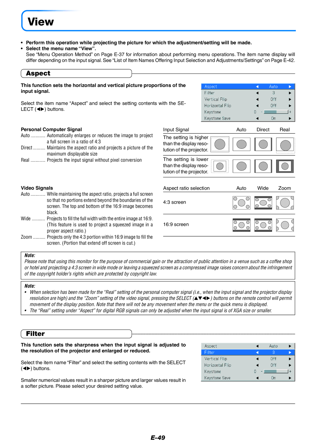 PLUS Vision U7-132SF, U7-132HSF, U7-137SF user manual View, Aspect, Filter, Personal Computer Signal, Video Signals 