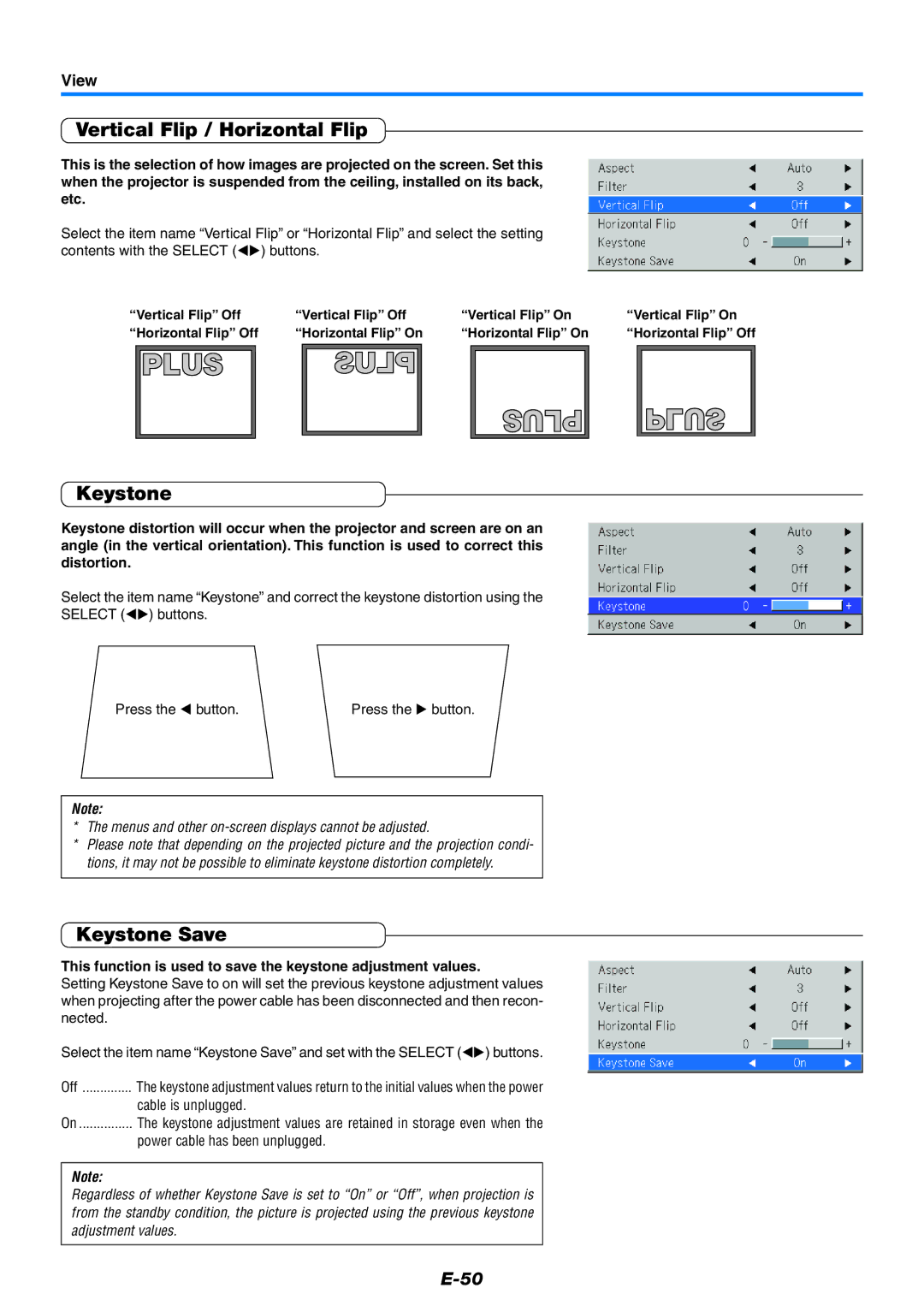 PLUS Vision U7-137SF, U7-132HSF, U7-132SF user manual Vertical Flip / Horizontal Flip, Keystone Save, View 