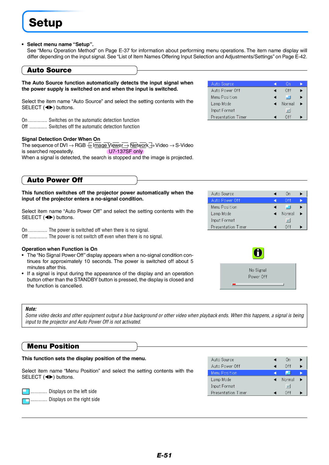 PLUS Vision U7-132HSF, U7-132SF, U7-137SF user manual Setup, Auto Source, Auto Power Off, Menu Position 