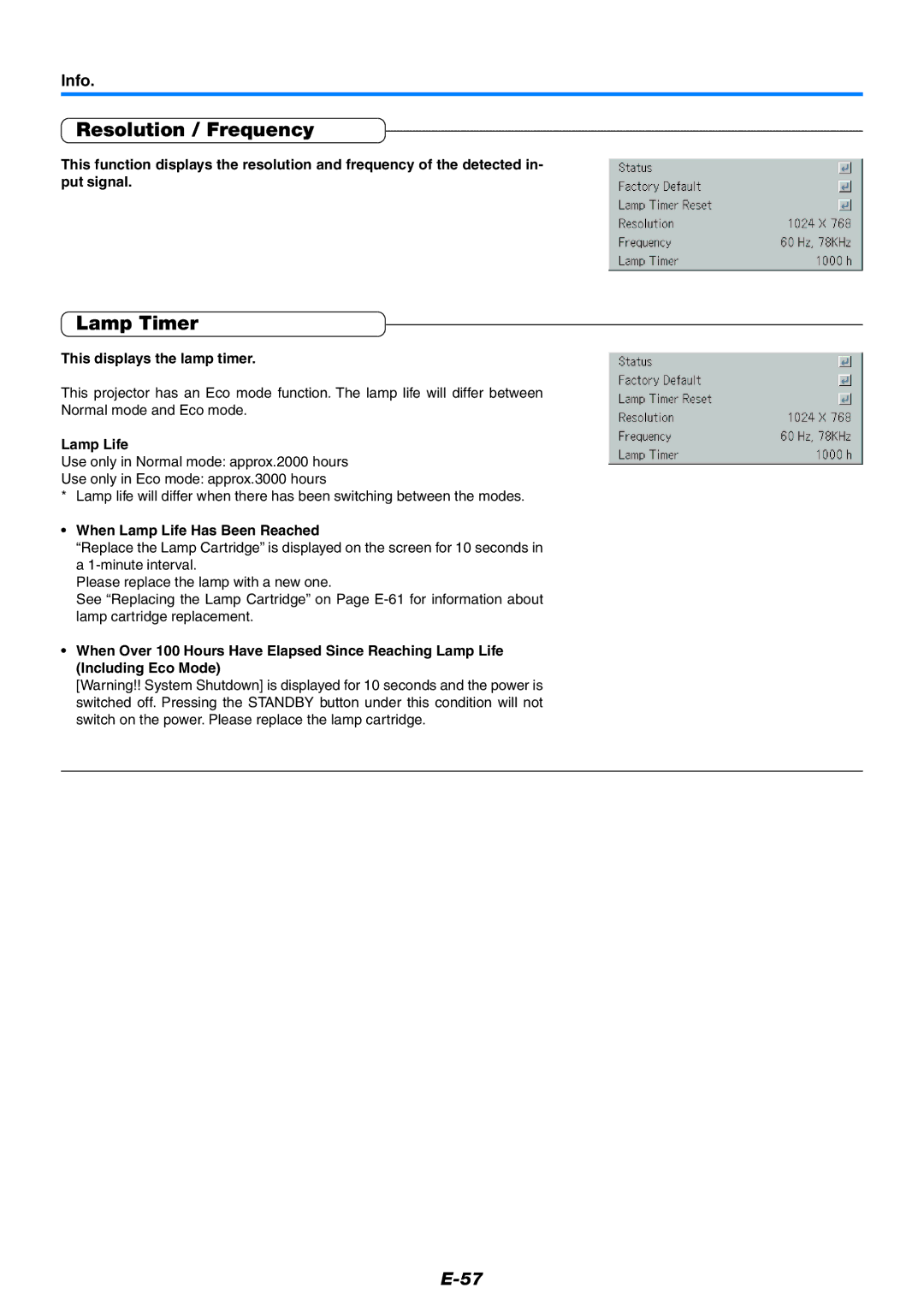 PLUS Vision U7-132HSF, U7-132SF, U7-137SF user manual Resolution / Frequency, Lamp Timer, Info 