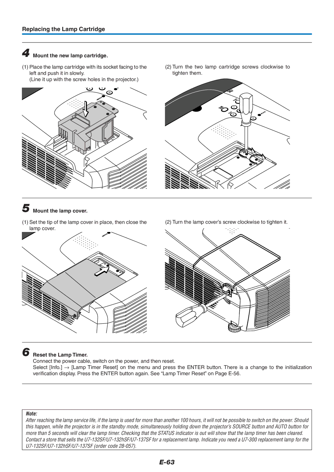 PLUS Vision U7-132HSF, U7-132SF, U7-137SF Mount the new lamp cartridge, Mount the lamp cover, Reset the Lamp Timer 