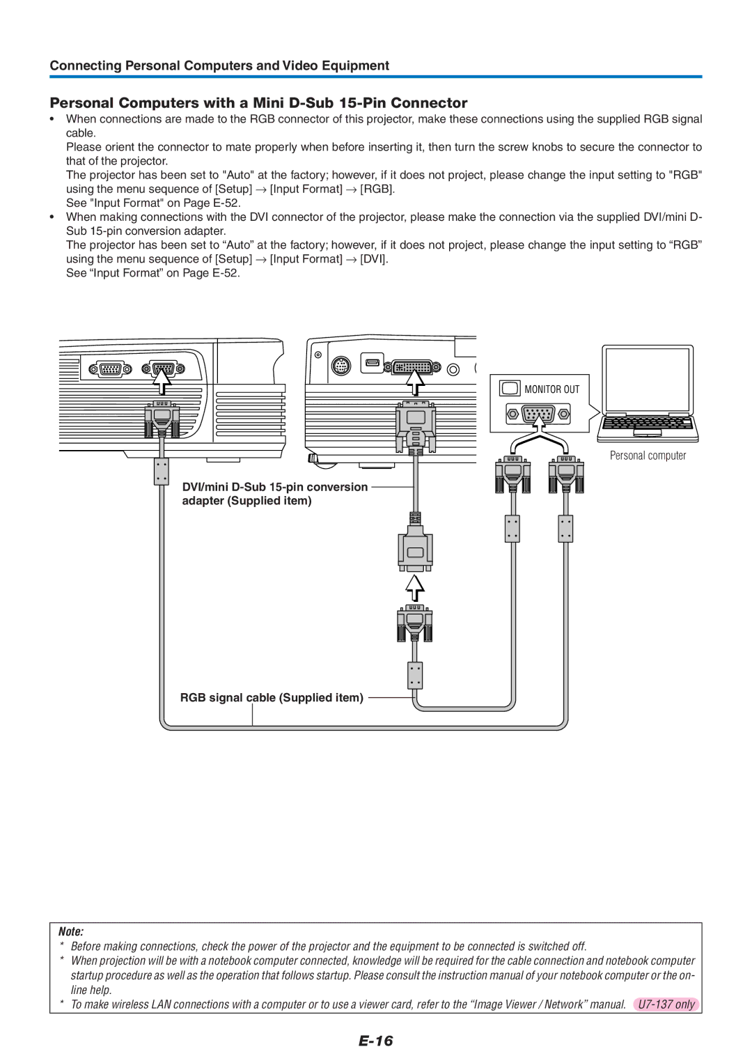 PLUS Vision U7-132/U7-137 user manual Personal Computers with a Mini D-Sub 15-Pin Connector, RGB signal cable Supplied item 