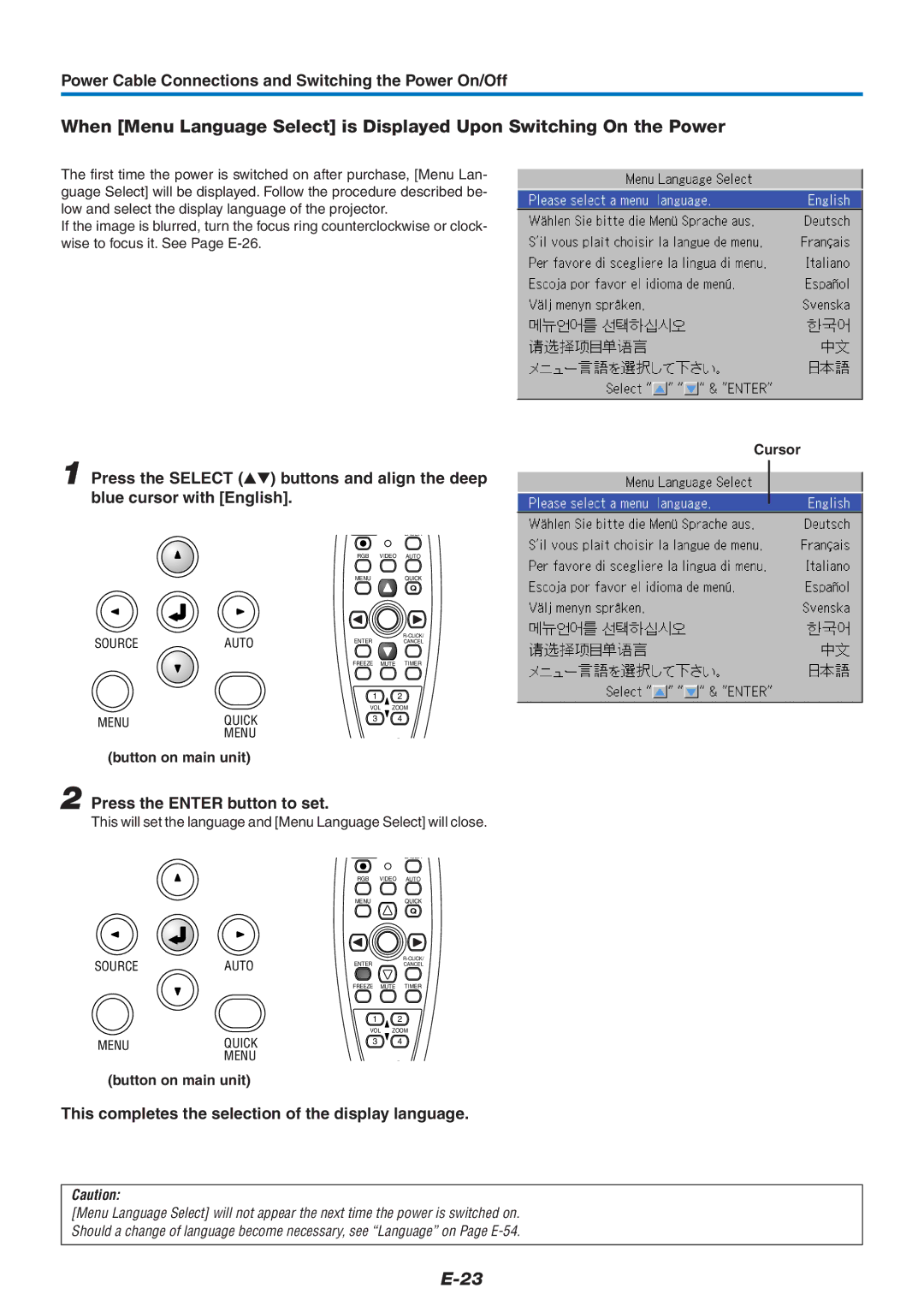 PLUS Vision U7-132/U7-137 Power Cable Connections and Switching the Power On/Off, Press the Enter button to set, Cursor 