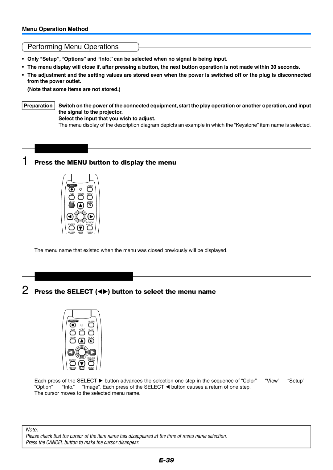 PLUS Vision U7-132/U7-137 user manual Performing Menu Operations, Menu Display Press the Menu button to display the menu 