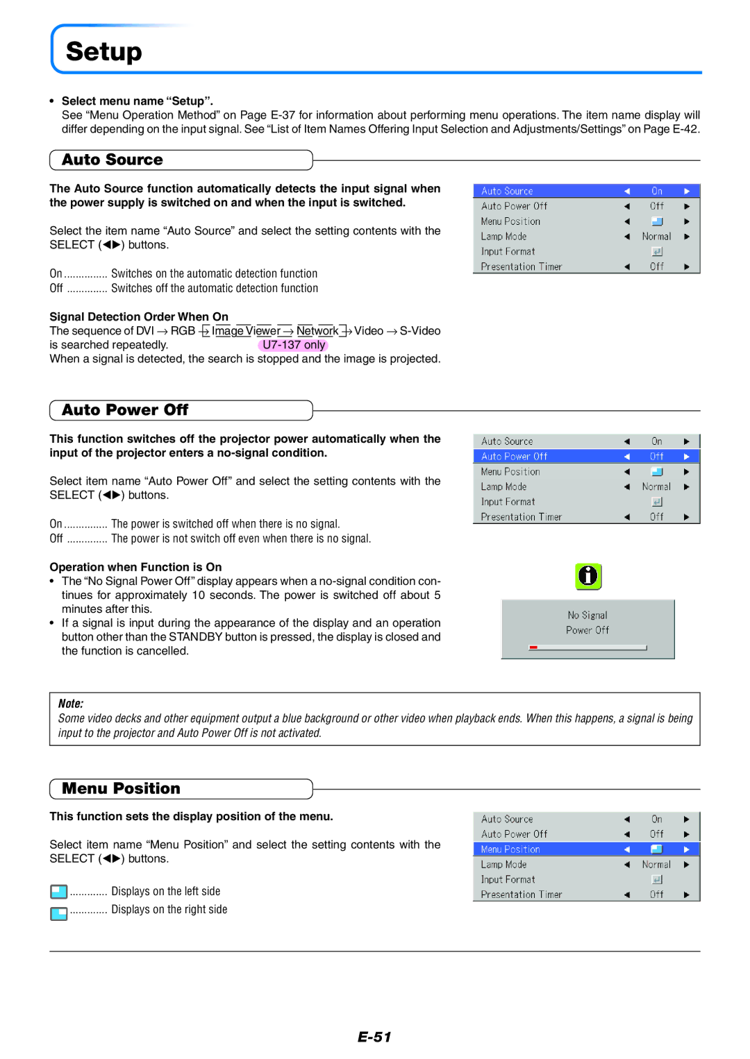 PLUS Vision U7-132/U7-137 user manual Setup, Auto Source, Auto Power Off, Menu Position 