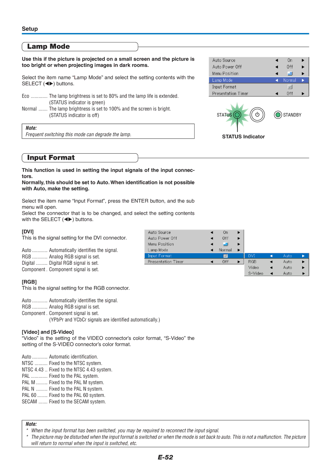 PLUS Vision U7-132/U7-137 user manual Lamp Mode, Input Format, Setup, Status Indicator, Video and S-Video 