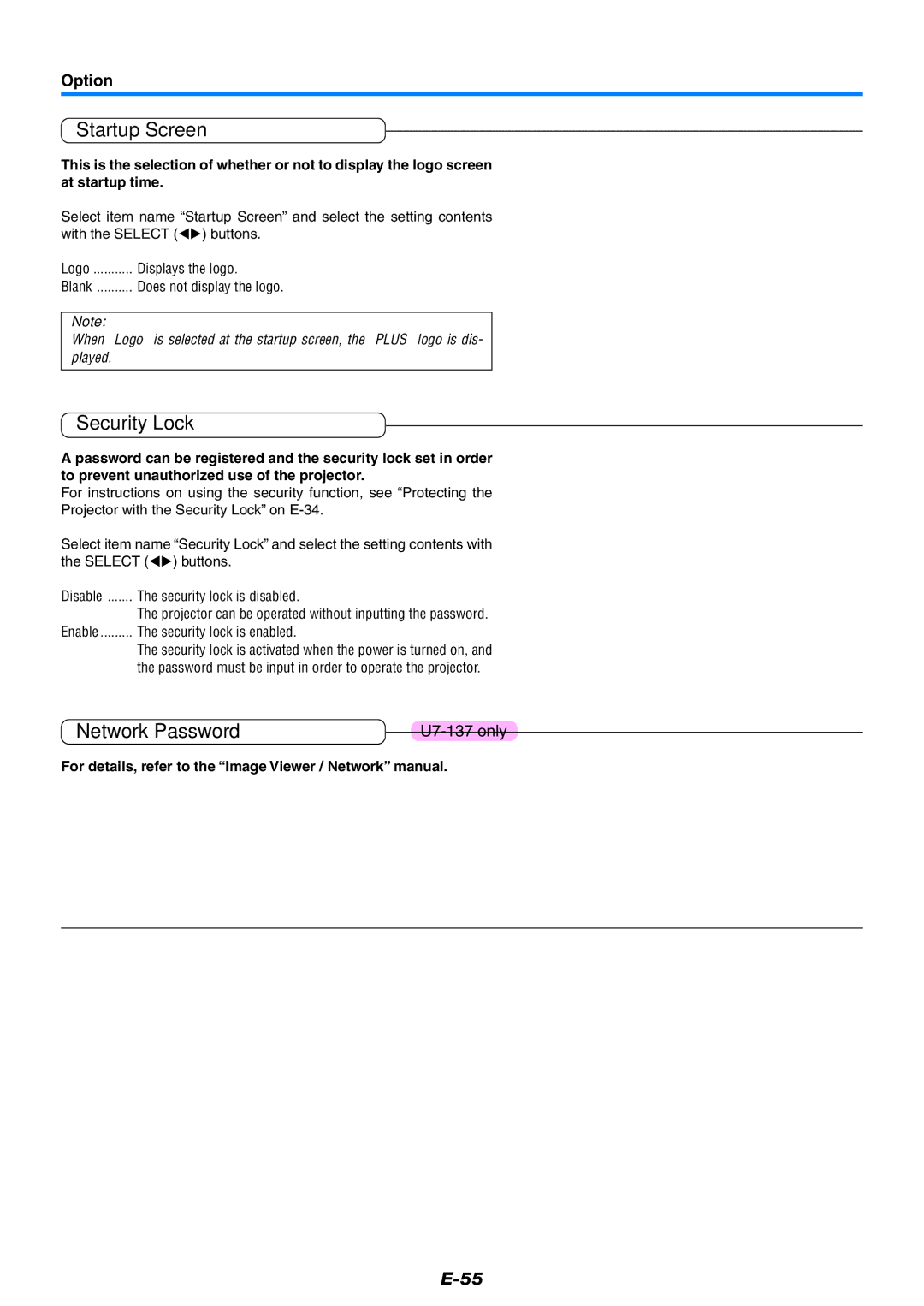 PLUS Vision U7-132/U7-137 user manual Startup Screen, Security Lock, Network Password, Option 