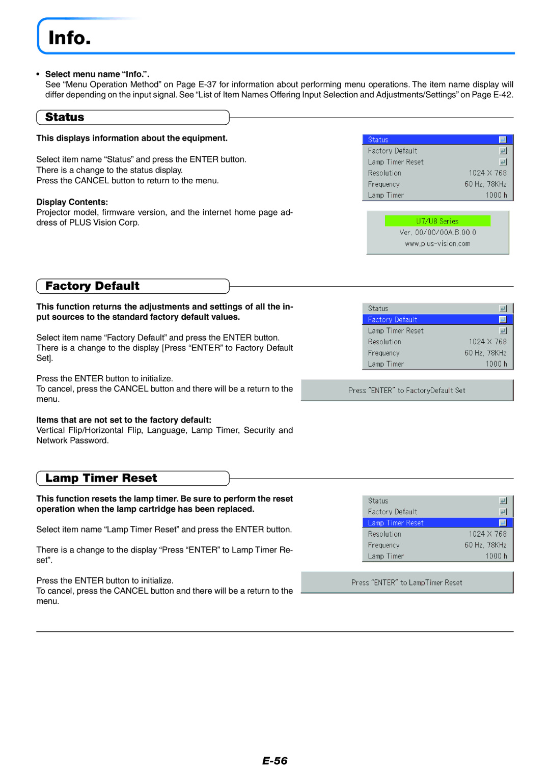 PLUS Vision U7-132/U7-137 user manual Info, Status, Factory Default, Lamp Timer Reset 