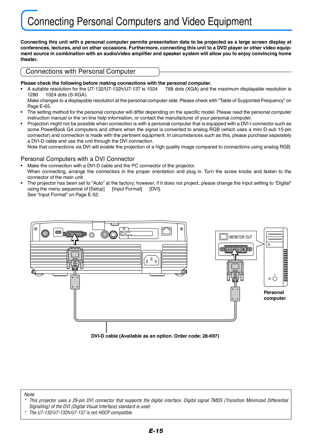 PLUS Vision U7-132h, U7-137 user manual Connections with Personal Computer, Personal Computers with a DVI Connector 