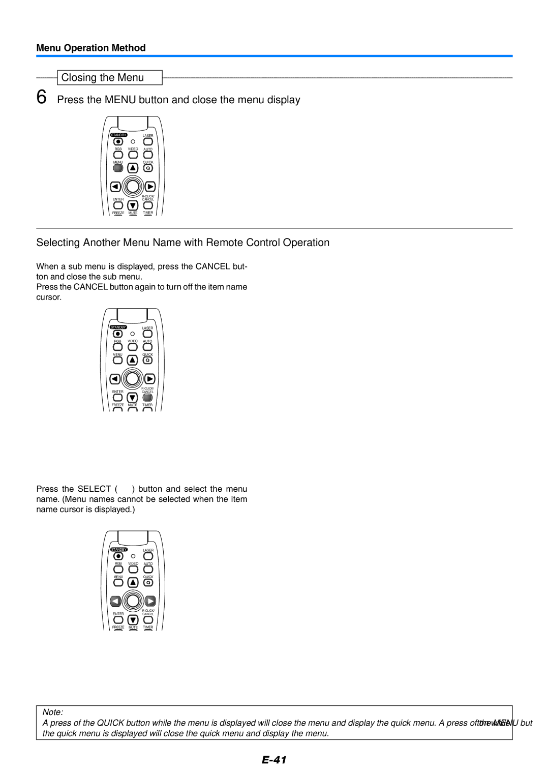 PLUS Vision U7-132h, U7-137 user manual Selecting Another Menu Name with Remote Control Operation 