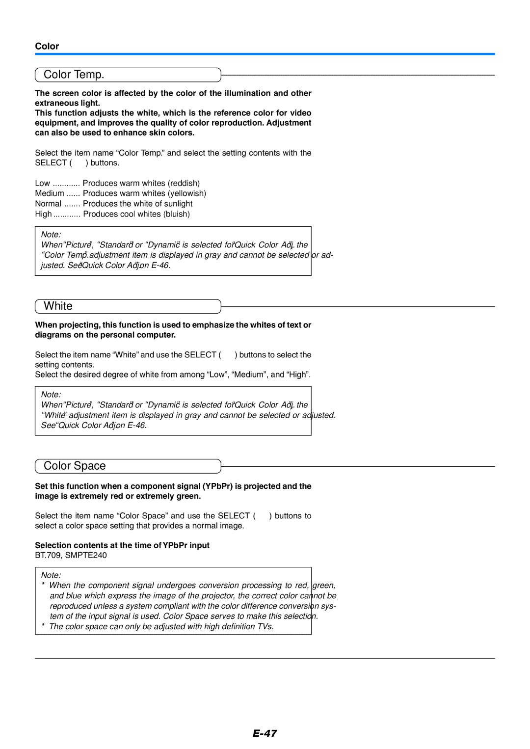 PLUS Vision U7-132h, U7-137 user manual Color Temp, White, Color Space, Selection contents at the time of YPbPr input 