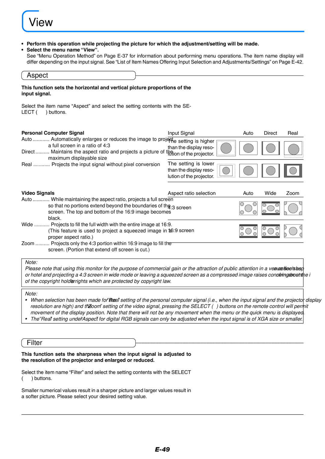 PLUS Vision U7-132h, U7-137 user manual View, Aspect, Filter, Personal Computer Signal, Video Signals 