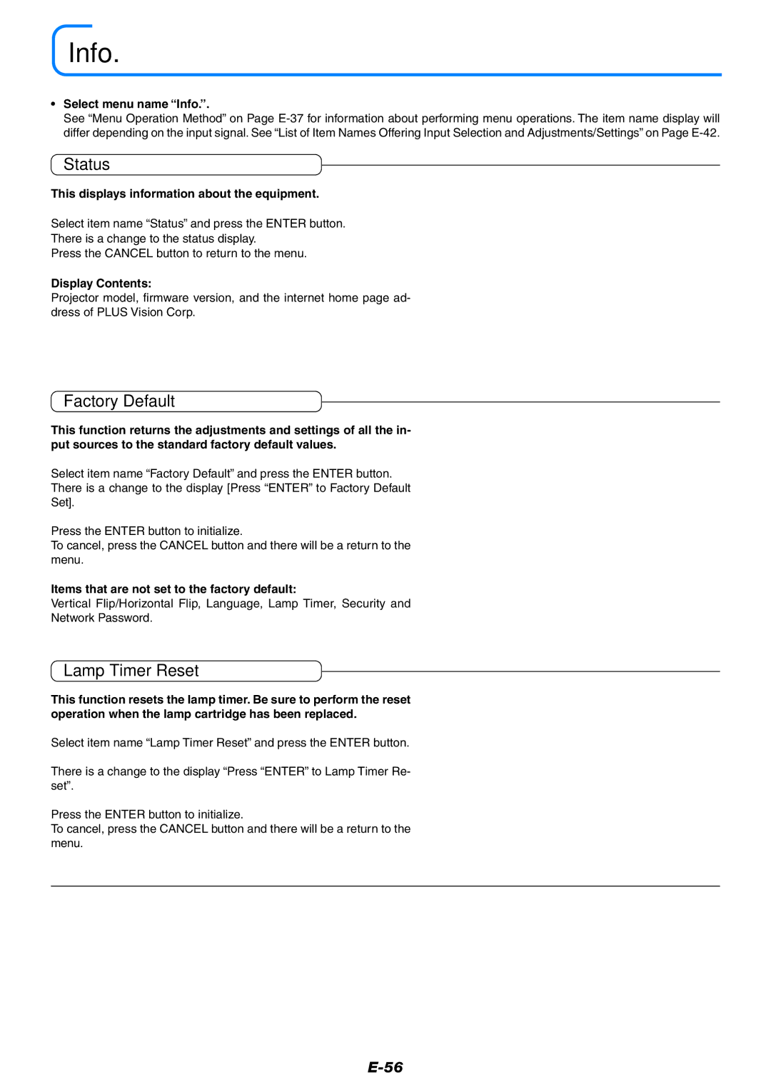 PLUS Vision U7-137, U7-132h user manual Info, Status, Factory Default, Lamp Timer Reset 