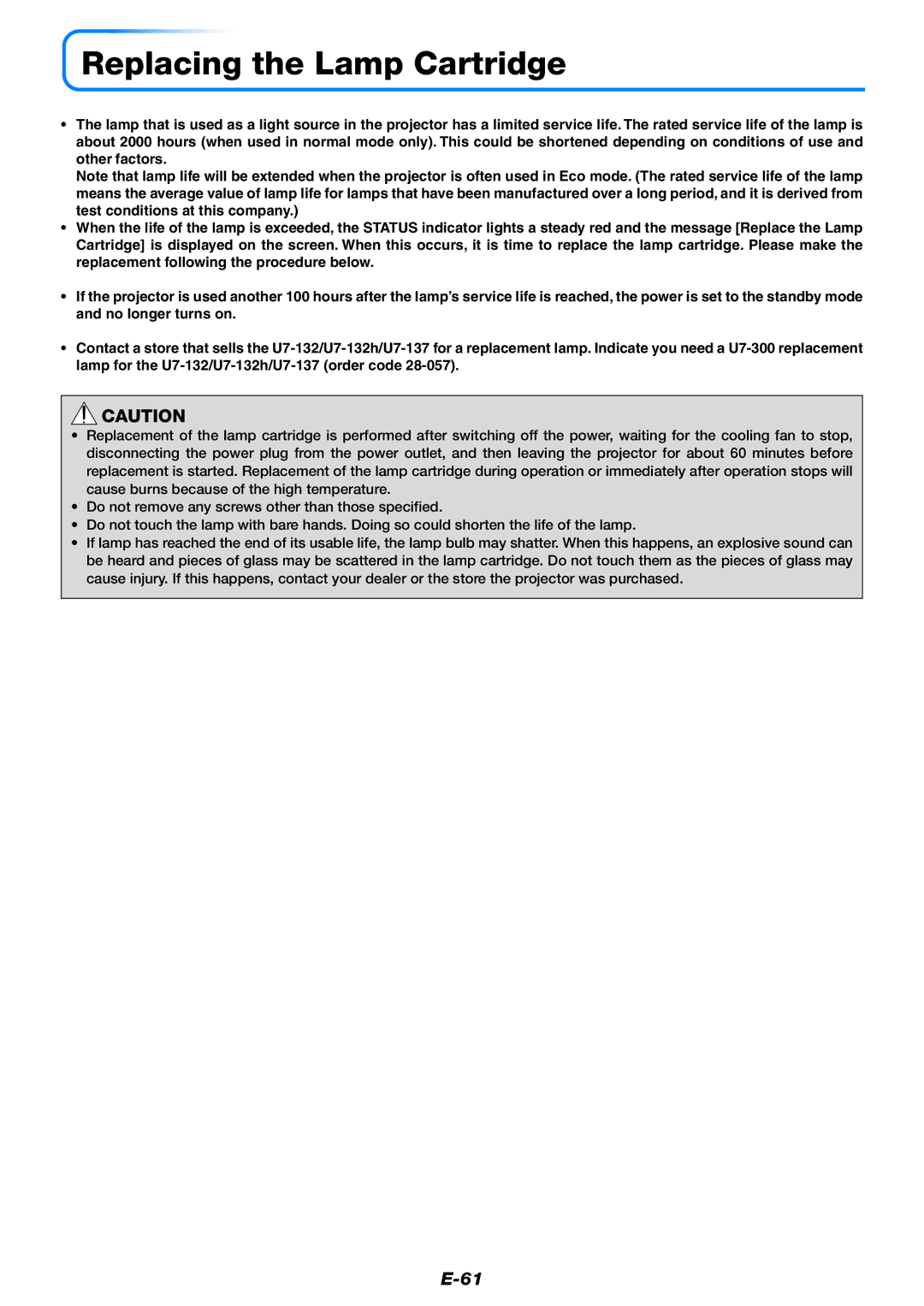 PLUS Vision U7-132h, U7-137 user manual Replacing the Lamp Cartridge 