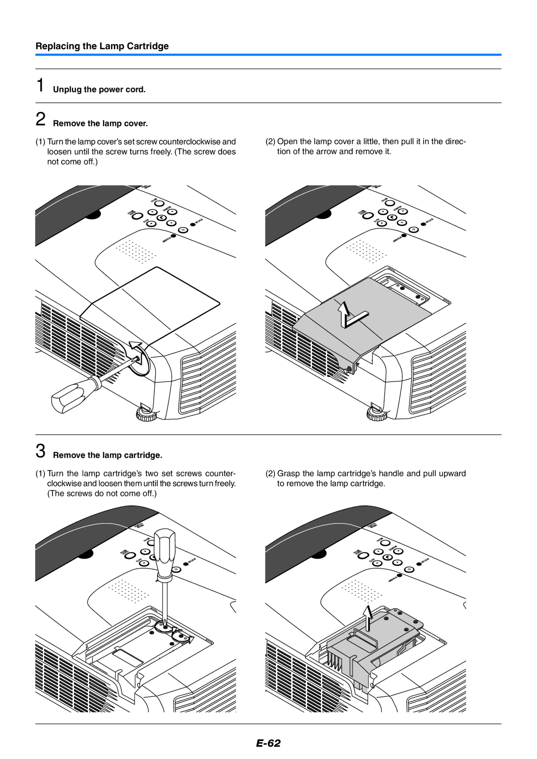 PLUS Vision U7-137 Replacing the Lamp Cartridge, Unplug the power cord Remove the lamp cover, Remove the lamp cartridge 