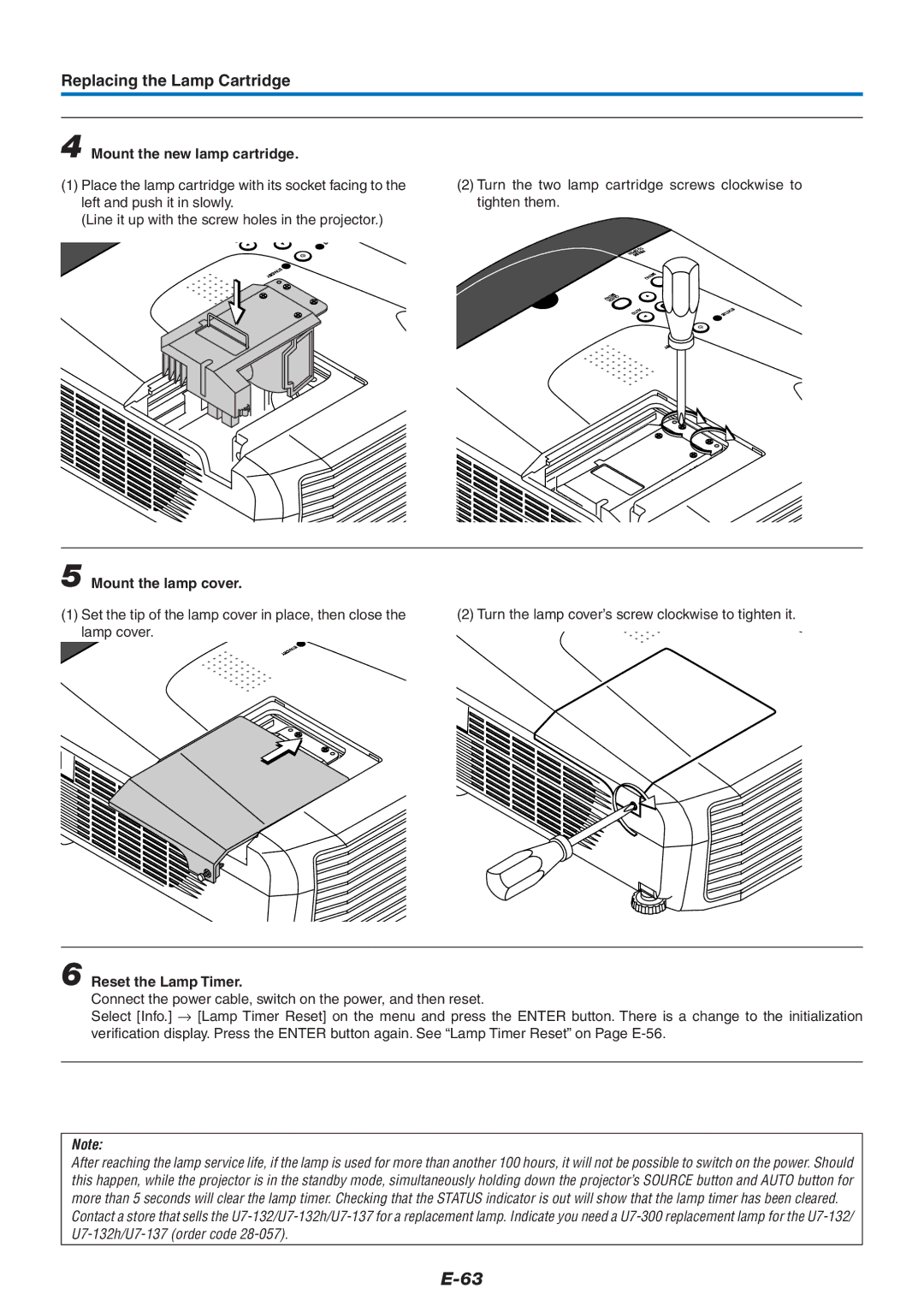 PLUS Vision U7-132h, U7-137 user manual Mount the new lamp cartridge, Mount the lamp cover, Reset the Lamp Timer 