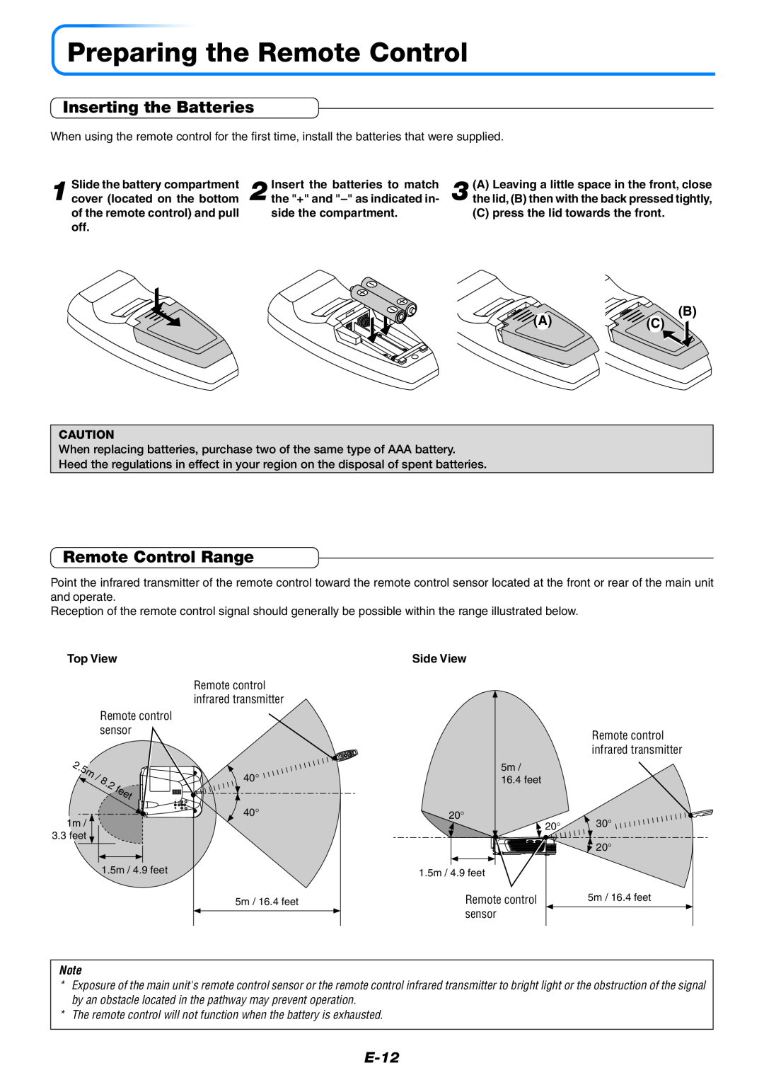 PLUS Vision U7-137, U7-132h user manual Preparing the Remote Control, Inserting the Batteries, Remote Control Range, E-12 