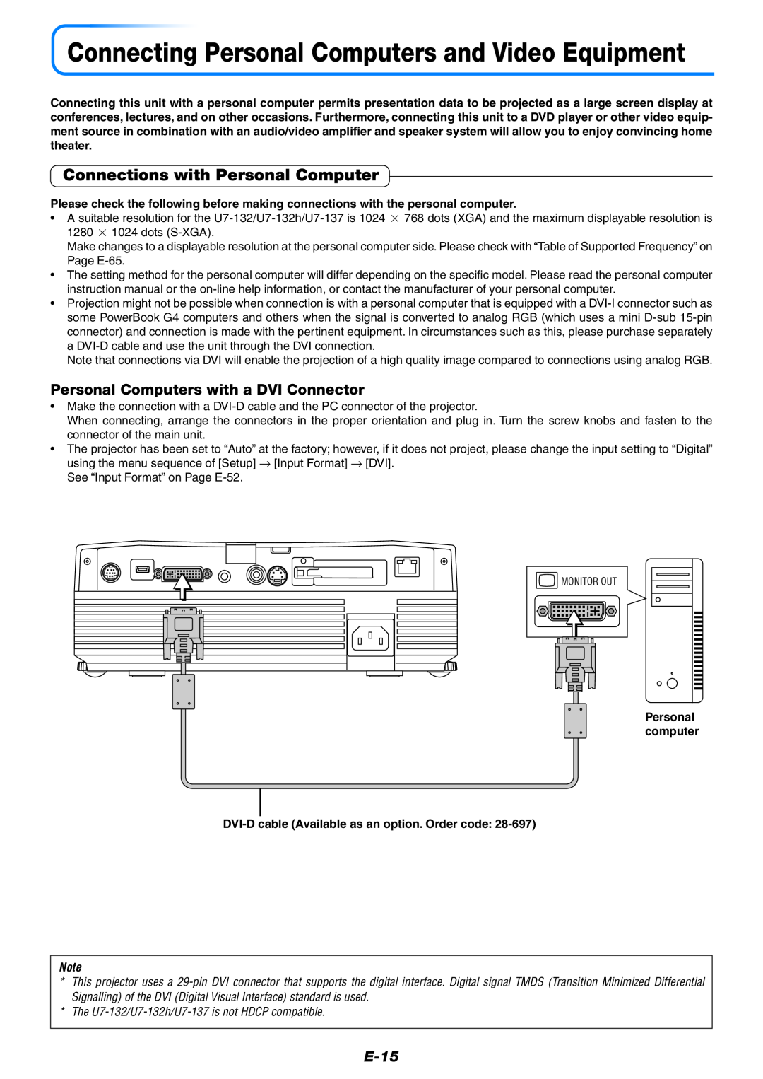 PLUS Vision U7-132h, U7-137 user manual Connections with Personal Computer, Personal Computers with a DVI Connector, E-15 