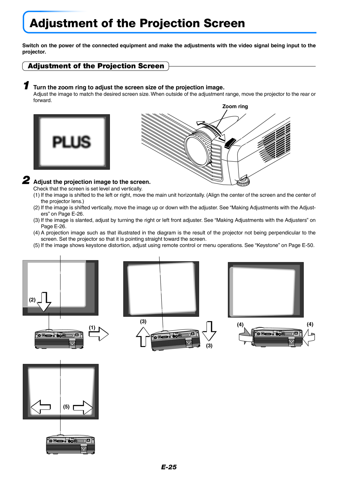 PLUS Vision U7-132h, U7-137 user manual Adjustment of the Projection Screen, E-25, Adjust the projection image to the screen 