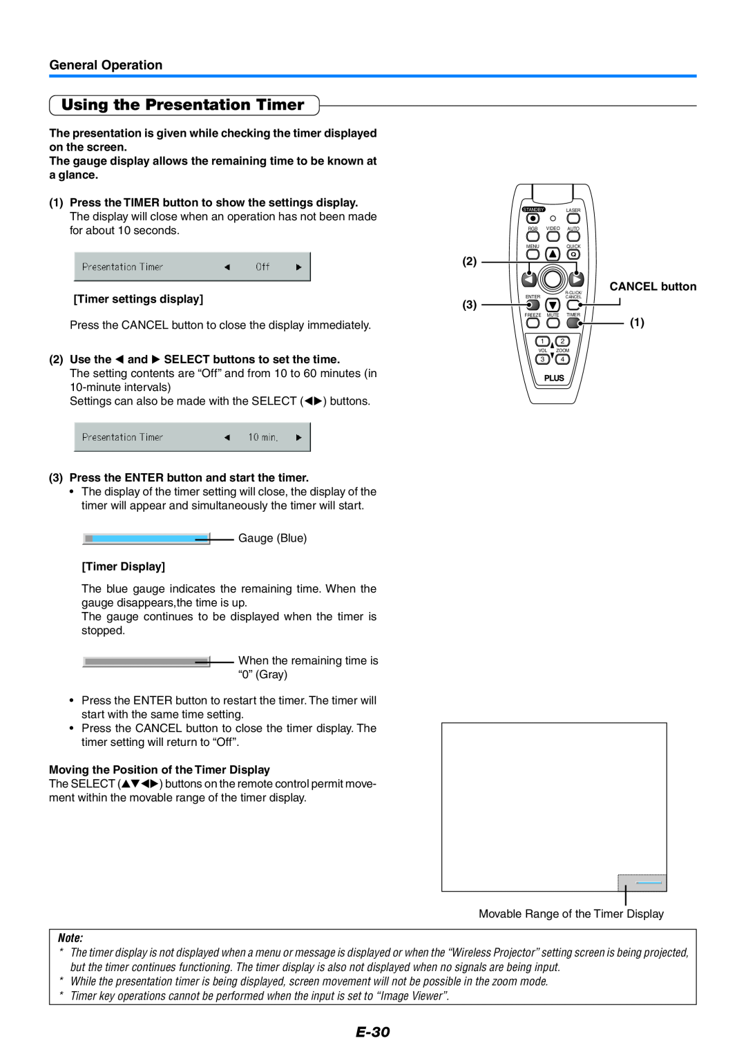 PLUS Vision U7-137, U7-132h user manual Using the Presentation Timer, E-30, General Operation 