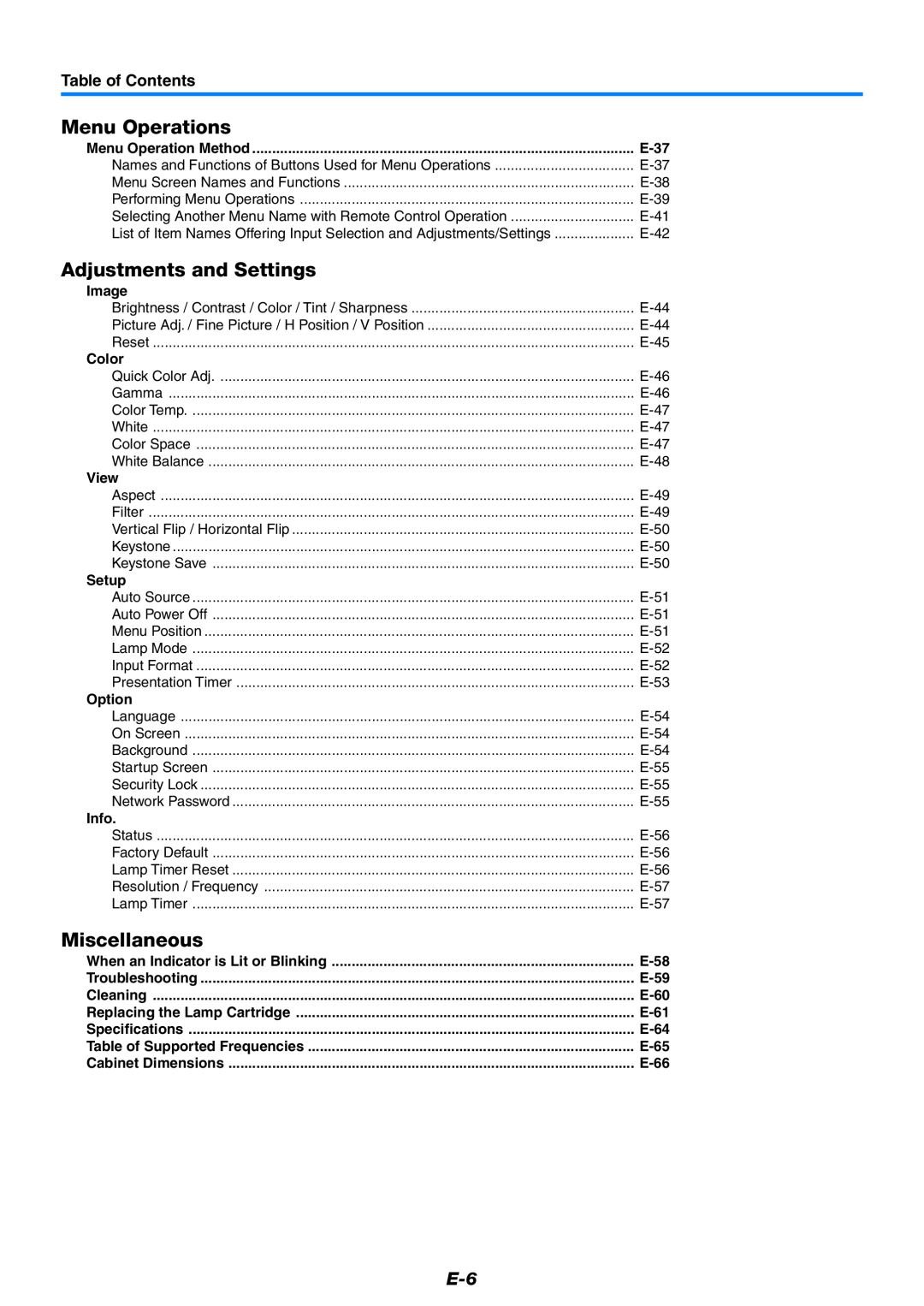 PLUS Vision U7-137, U7-132h user manual Menu Operations, Adjustments and Settings, Miscellaneous, Table of Contents 