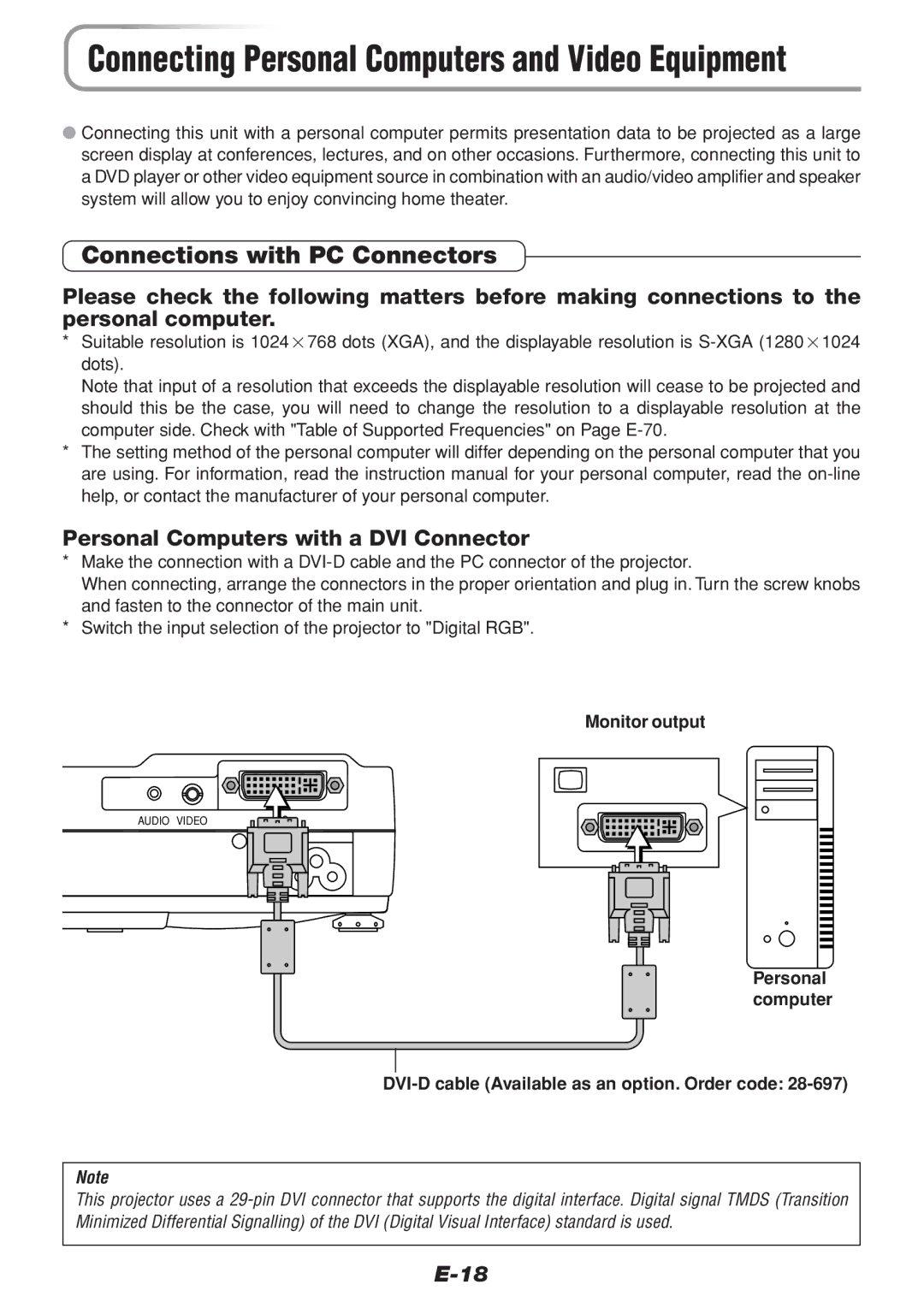 PLUS Vision V-1100Z user manual Connections with PC Connectors, Personal Computers with a DVI Connector, Monitor output 