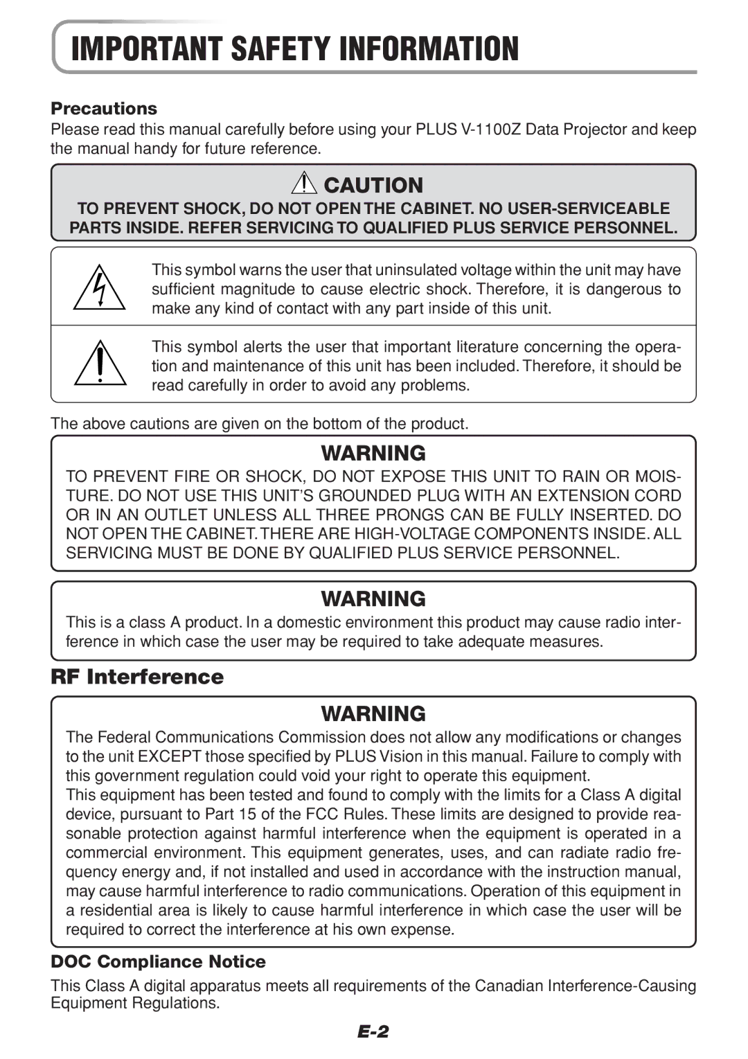 PLUS Vision V-1100Z user manual Precautions, DOC Compliance Notice 