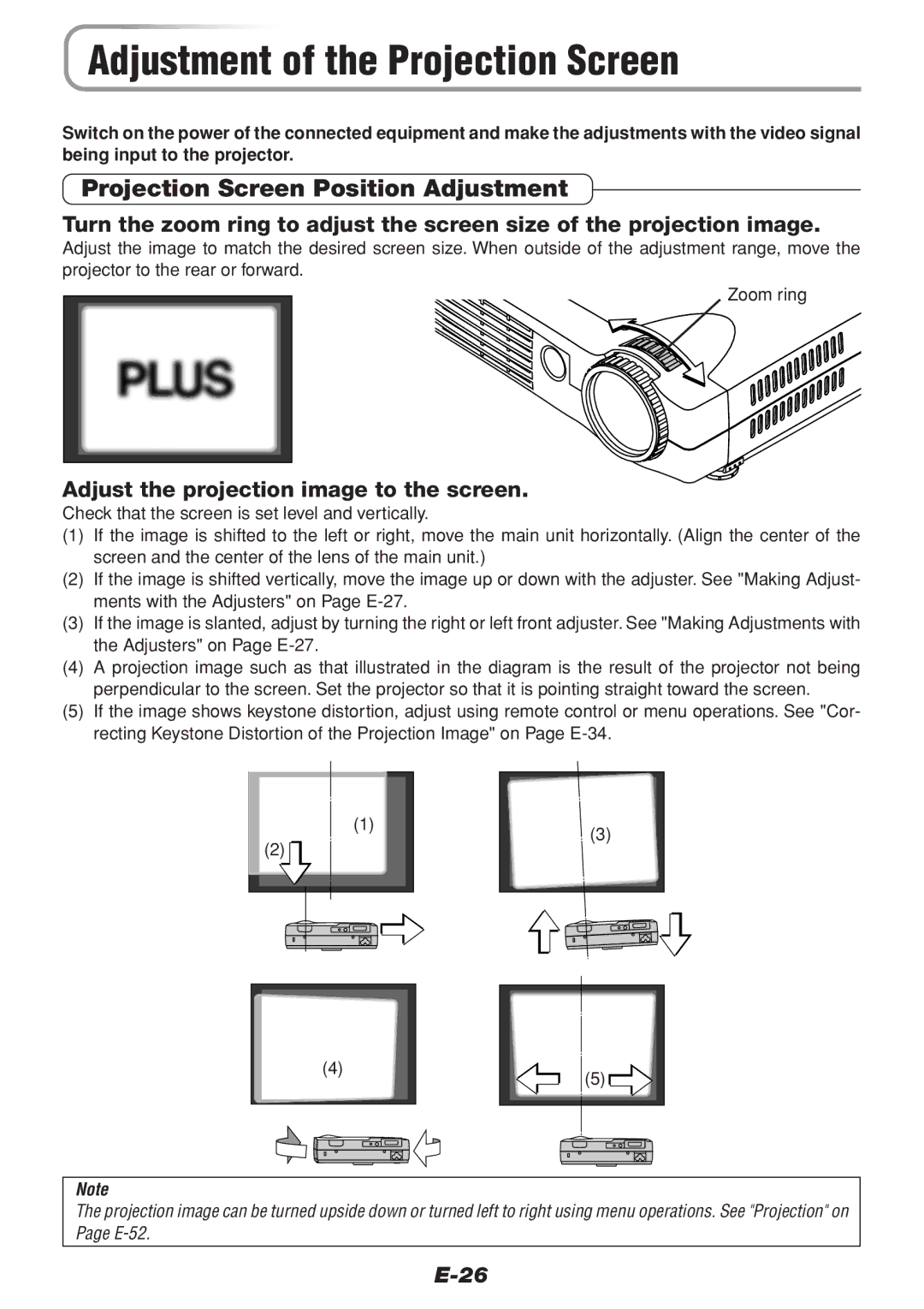 PLUS Vision V-1100Z user manual Adjustment of the Projection Screen, Projection Screen Position Adjustment 