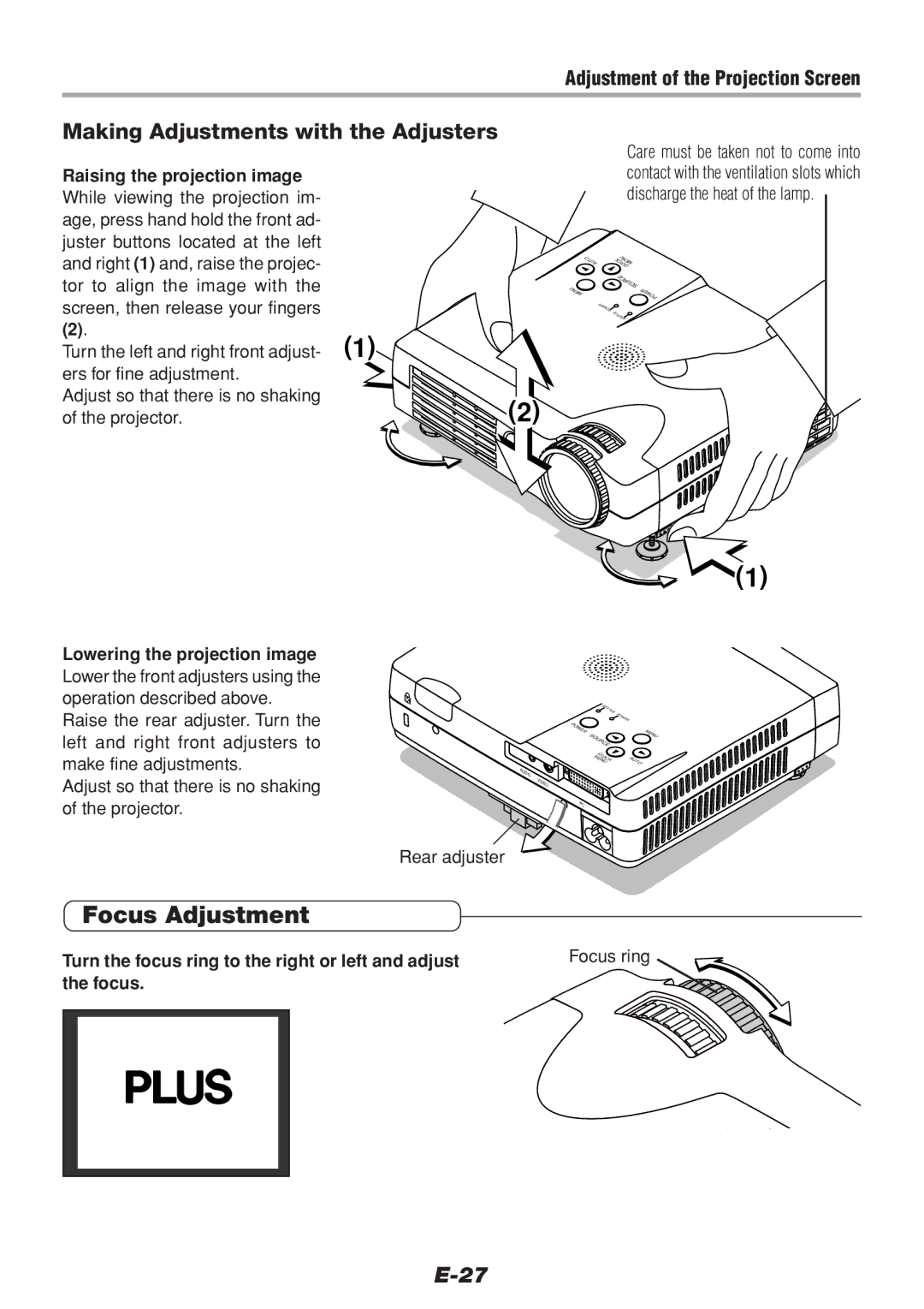 PLUS Vision V-1100Z Focus Adjustment, Making Adjustments with the Adjusters, Adjustment of the Projection Screen 