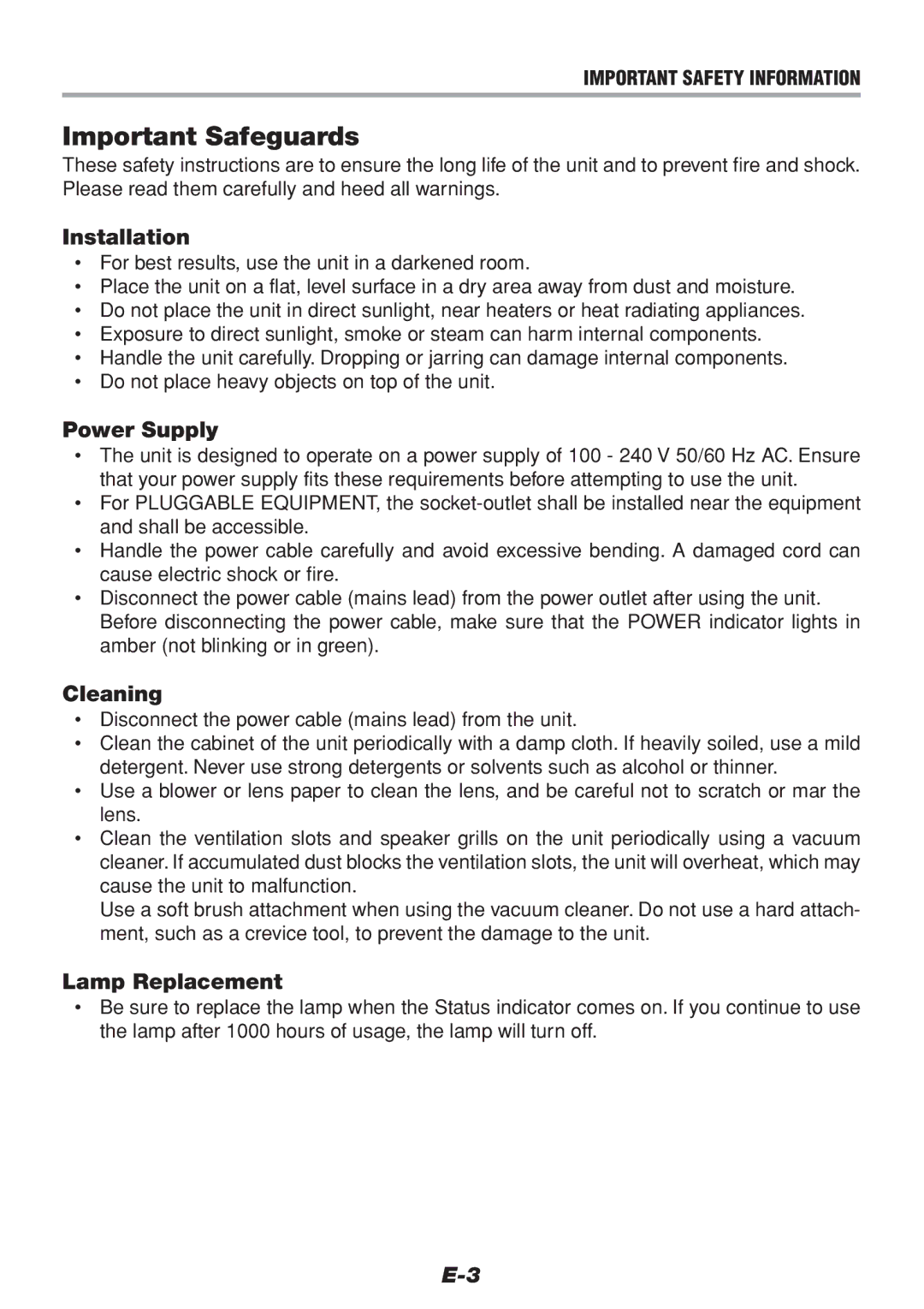 PLUS Vision V-1100Z user manual Installation, Power Supply, Cleaning, Lamp Replacement 