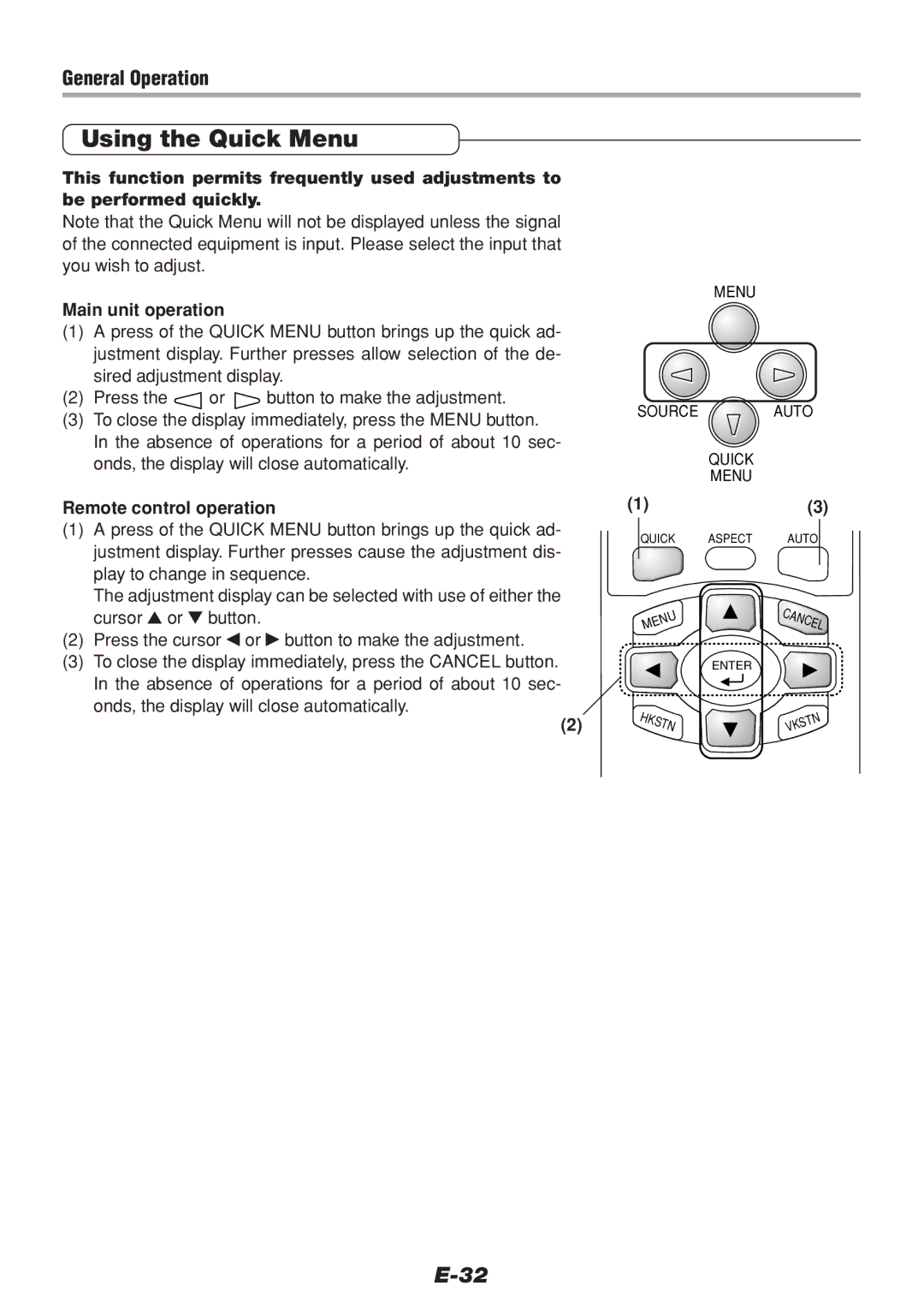 PLUS Vision V-1100Z user manual Using the Quick Menu, Remote control operation 