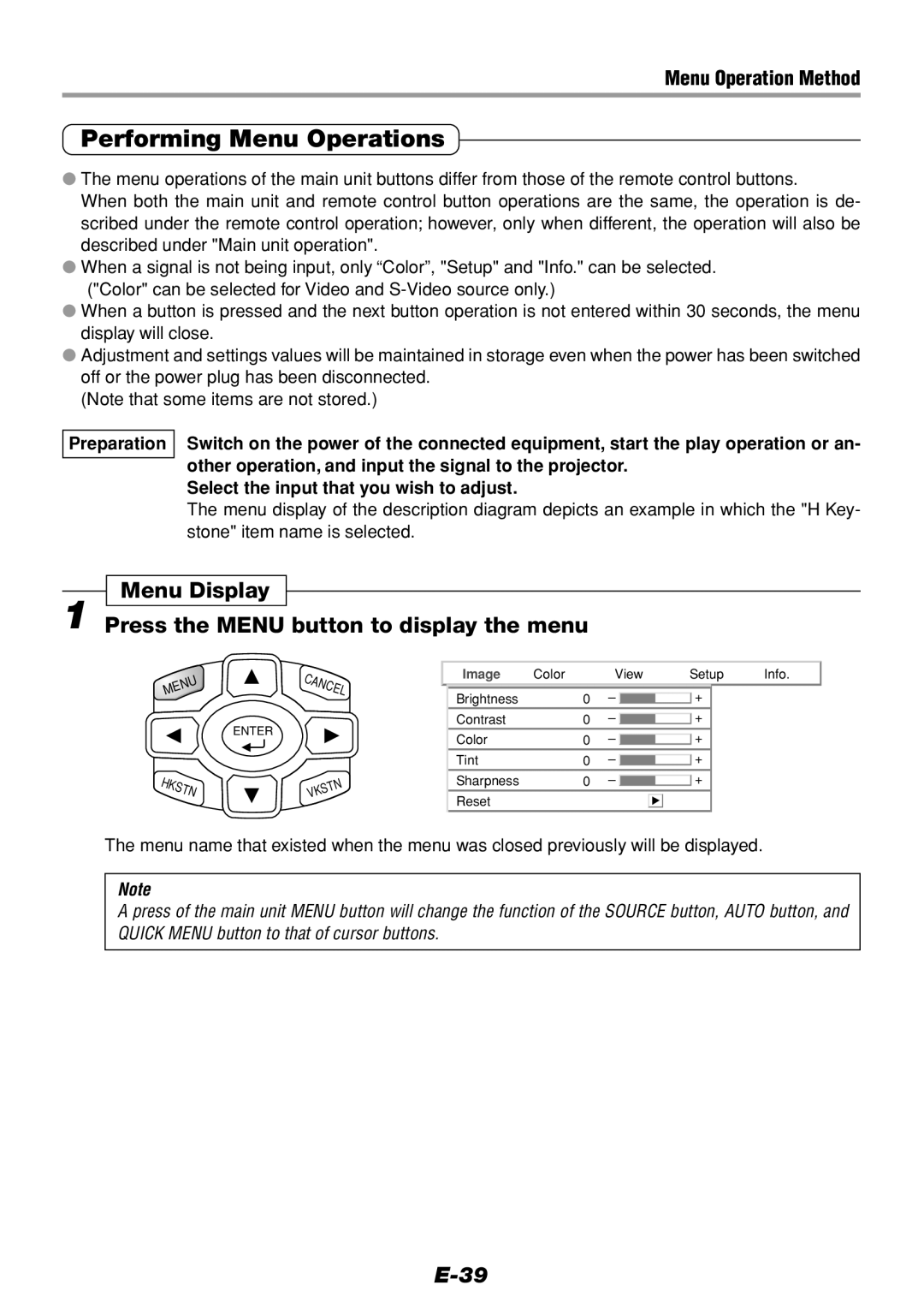 PLUS Vision V-1100Z user manual Performing Menu Operations, Menu Display Press the Menu button to display the menu 