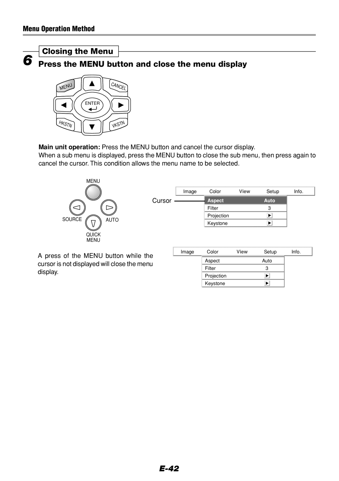 PLUS Vision V-1100Z user manual Press of the Menu button while, Cursor is not displayed will close the menu, Display 