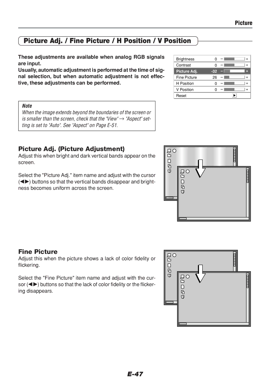 PLUS Vision V-1100Z Picture Adj. / Fine Picture / H Position / V Position, Picture Adj. Picture Adjustment, Ing disappears 